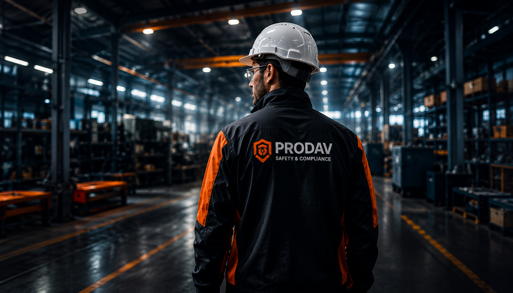 Specialist PRODAV în securitatea muncii traversând o hală de producție, cu o tabletă în mână